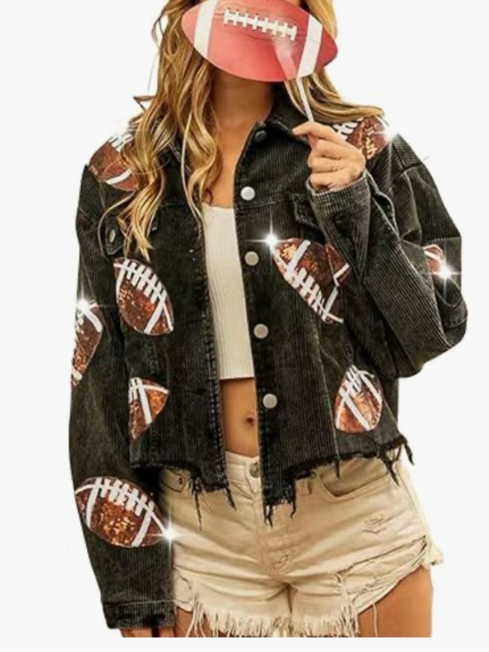 Corduroy Football Print Cropped Jacket